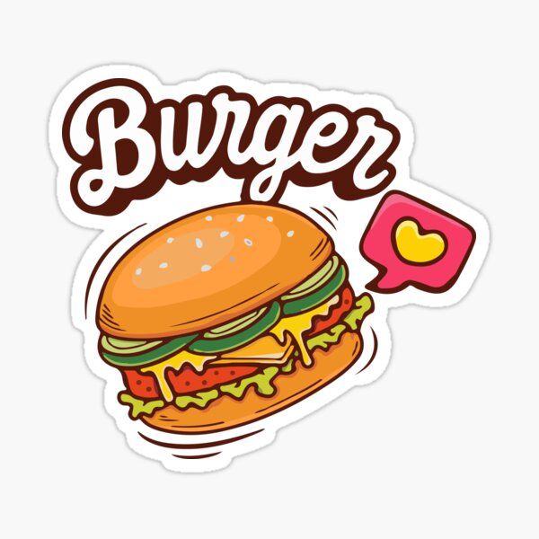 a burger sticker with the word burger written in large letters, and an image of a