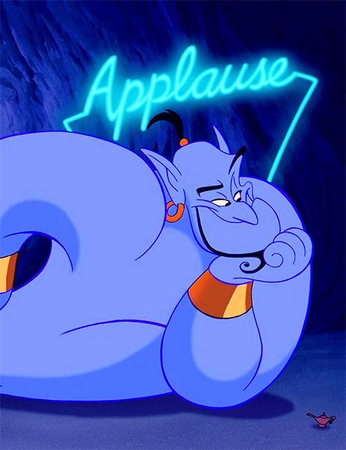 an animated character laying on the ground in front of a neon sign that reads applause