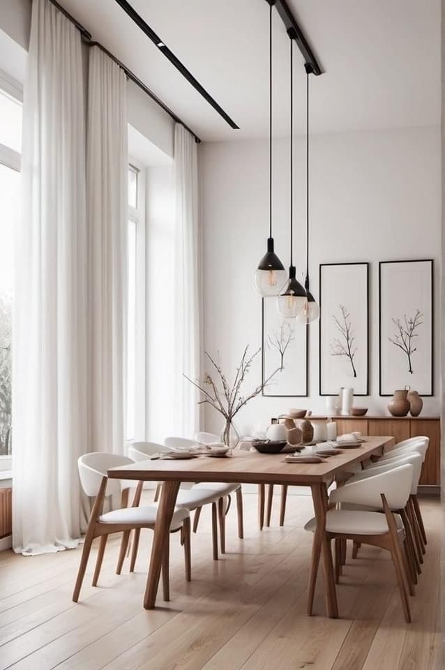 a dining room with white walls and wooden flooring is furnished with minimalist furniture