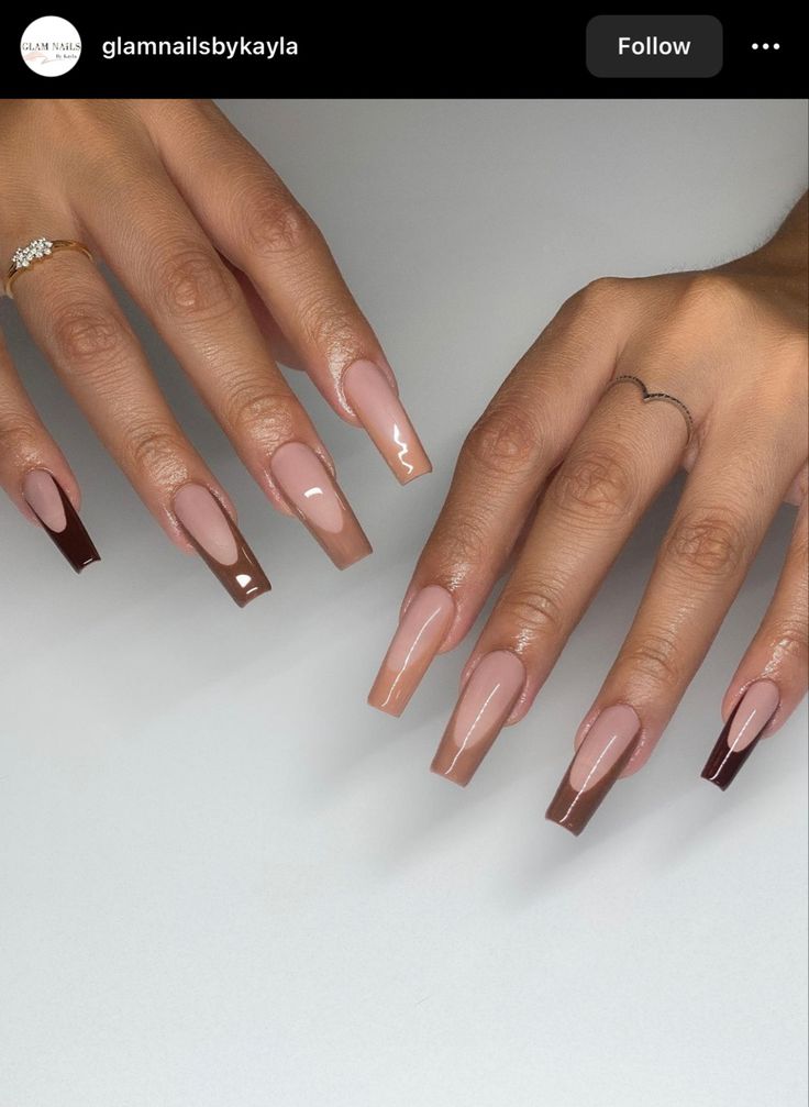 Different Color Brown Nails French Tip, Brown And Cream French Tip Nails, Acrylic Nails Coffin Short Brown, Brown Shade French Tip Nails, Brown French Nails Design, Mocha Tip Nails, Brown Medium Nails Acrylic, Brown And Light Brown Nails, Shades Of Brown Nails Acrylic French Tip