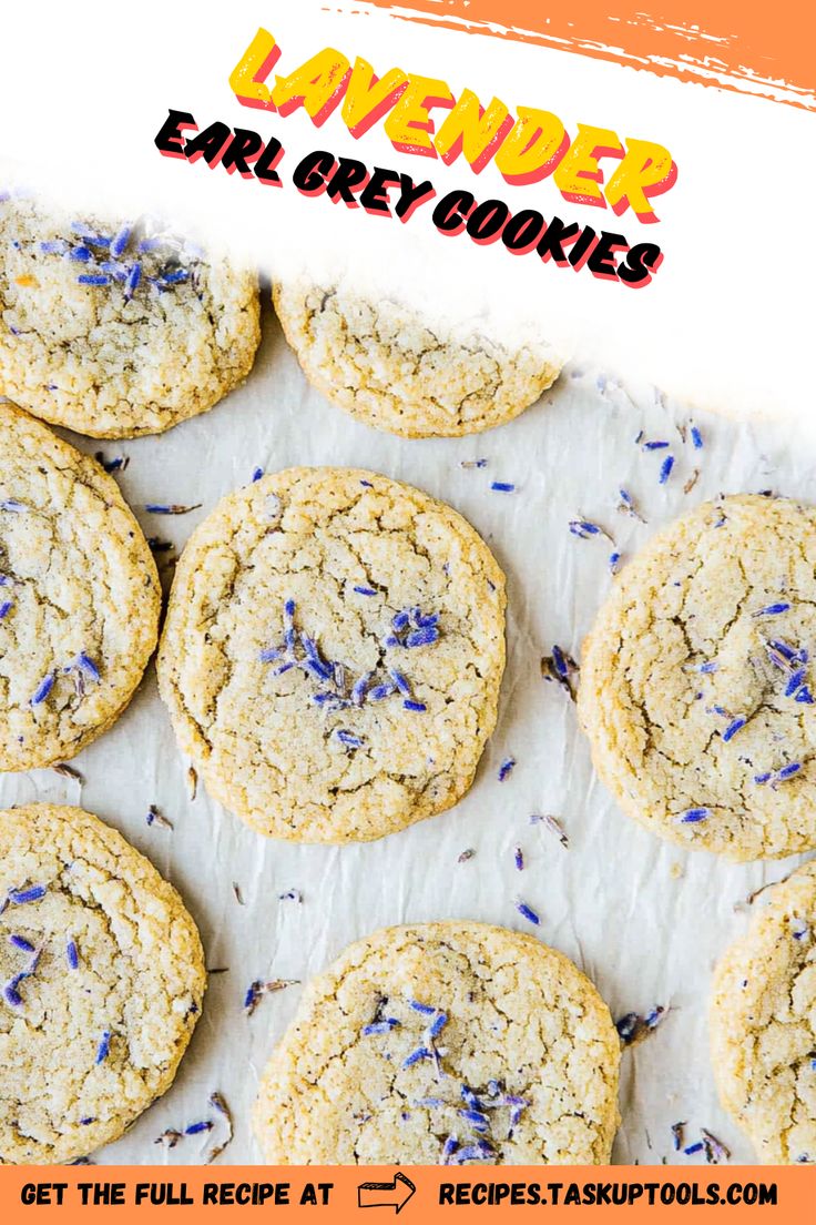 lavender far cry cookies on a baking sheet with text overlay that reads lavender far cry cookies get the full recipe at recipestask