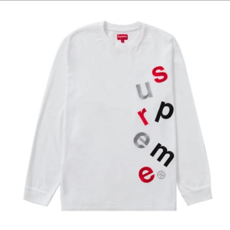 Brand New, Never Worn Supreme Tee Shirt Featuring Logo Lettered. White Tops For Fall Streetwear, White Letter Print Shirt For Winter, White Winter T-shirt With Logo Print, White Long Sleeve Shirt With Letter Print, White Long Sleeve T-shirt For Fall, White Shirt For Winter Streetwear, Long Sleeve Tops With Logo Print For Fall, Spring Long Sleeve Tops With Logo Print, Fall Long Sleeve Tops With Logo Print