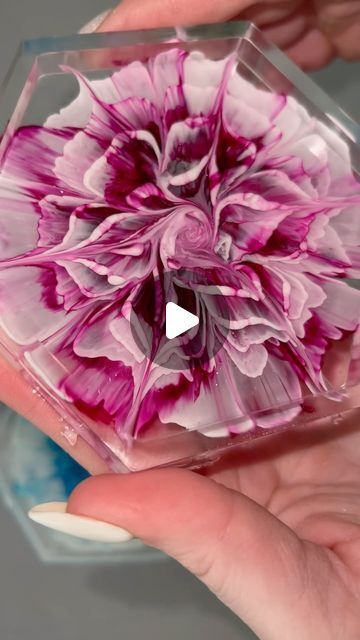 a person holding a flower inside of a clear box with white and pink flowers in it