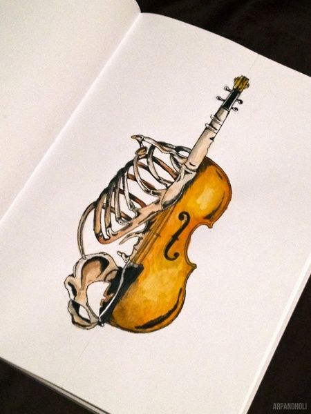 an open book with a drawing of a violin on it's cover and skeleton in the background