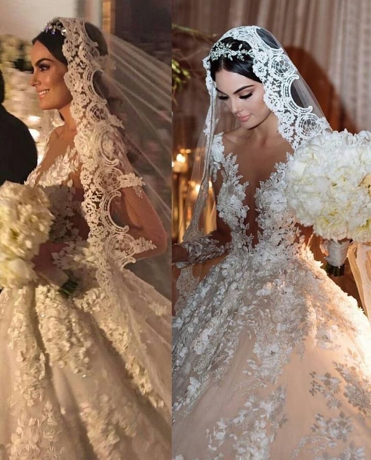 two pictures of the same bride in their wedding gowns, one is holding her bouquet