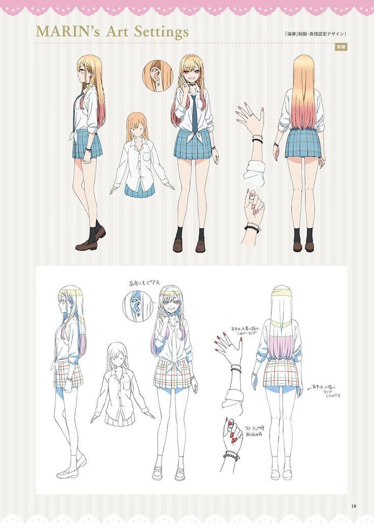 an anime character sheet with different outfits and hair