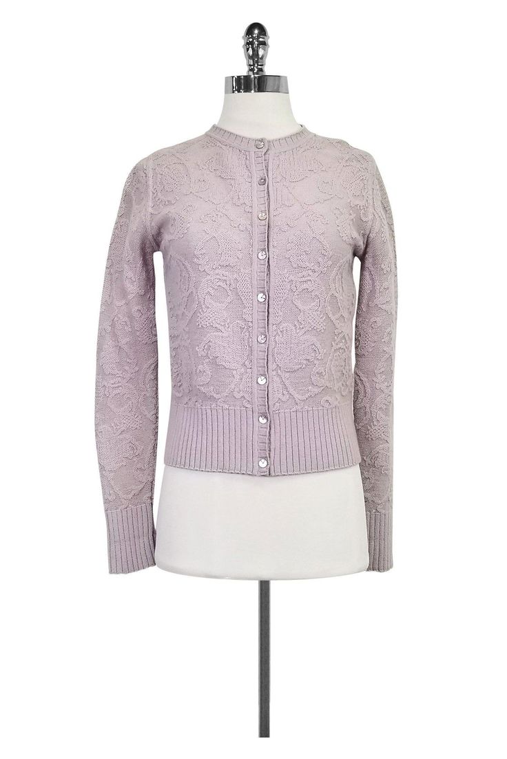 Current Boutique-Valentino - Periwinkle Button-Up Cardigan Sz 4 Elegant Fitted Button-up Cardigan, Fitted Sweater For Formal Spring Occasion, Elegant Spring Sweater For Daywear, Fitted Cardigan With Button Closure For Layering, Elegant Fall Sweater For Daywear, Elegant Fitted Formal Sweater, Fitted Cashmere Sweater For Daywear, Fitted Formal Winter Cardigan, Elegant Fitted Sweater For Daywear