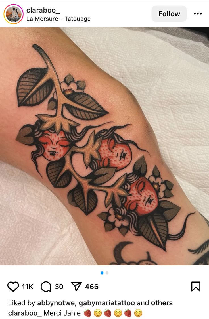 a woman's foot with flowers and leaves tattooed on the side of her leg