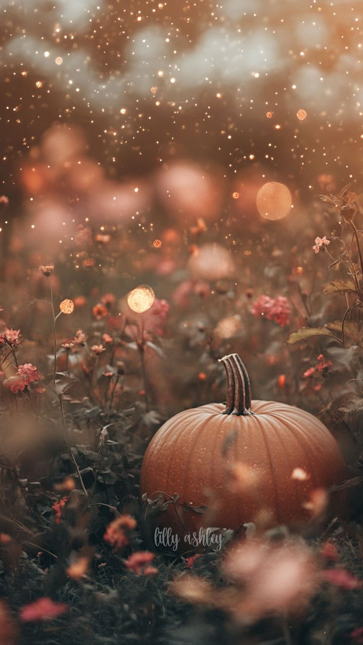 a pumpkin sitting in the middle of a field with flowers and sparkles around it