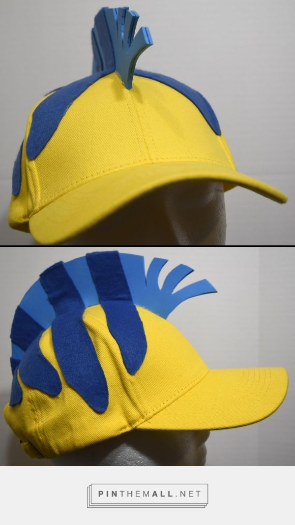 two pictures of a yellow and blue hat