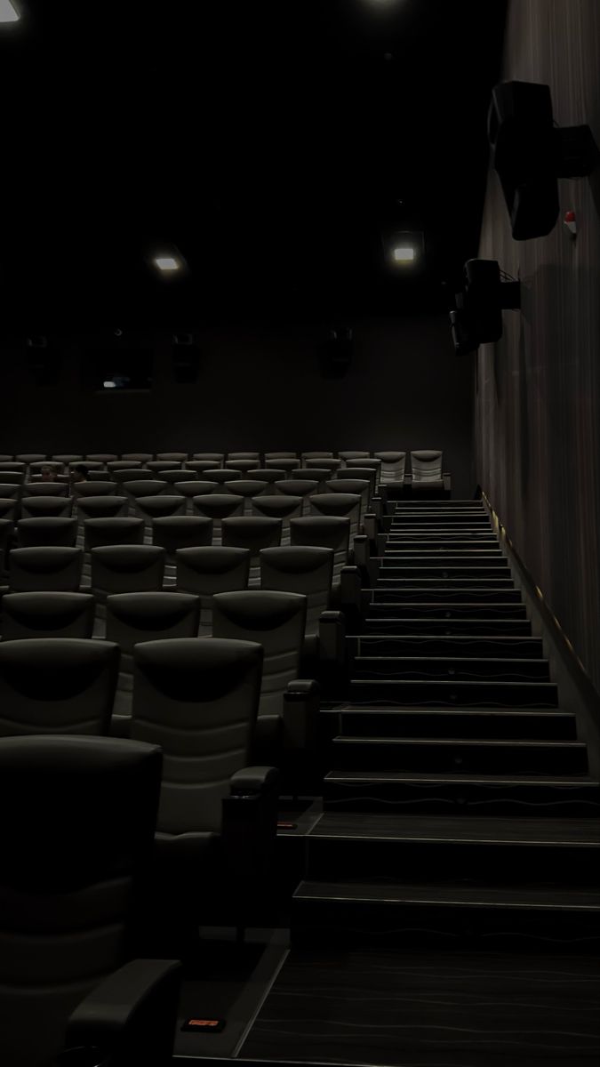 an empty auditorium with rows of seats in the dark