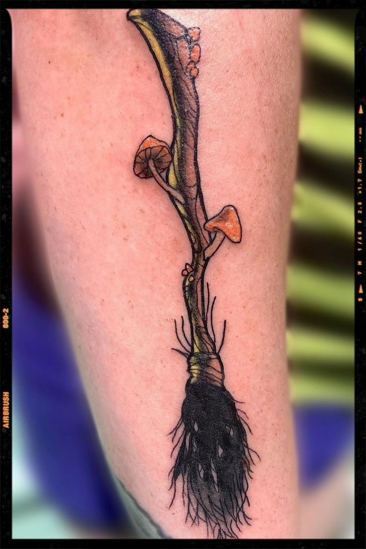 Witch Tattoo Inspiration Broom Tattoo Witch, Broom Stick Tattoo, Witches Broom Tattoo, Witch Broom Tattoo, Broomstick Tattoo, Broom Tattoo, Wicca Tattoo, Witchy Tattoos, Stick Tattoo