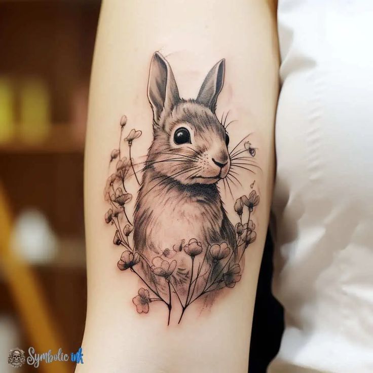 a rabbit tattoo on the right arm and shoulder, with flowers in front of it