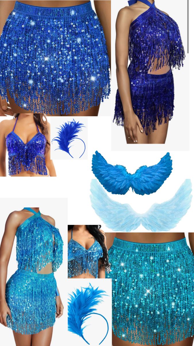 several different types of blue and purple costumes