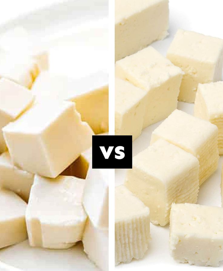 two pictures side by side one has tofu and the other has cheese cubes