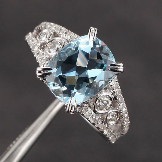 Antique Style VS 8x10mm Aquamarine 0.7ct Diamond 14K by ThisIsLOGR, $659.00 Natural Cushions, Pave Engagement Ring, Gem Ring, Antique Engagement Rings, Aquamarine Rings, White Gold Engagement, Filigree Ring, Antique Diamond, Antique Art Deco