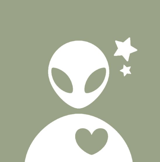 an alien with heart shaped eyes and stars in the sky next to it's head