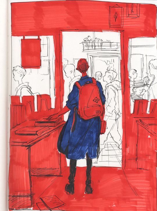 a drawing of a woman with a red backpack in a room full of other people