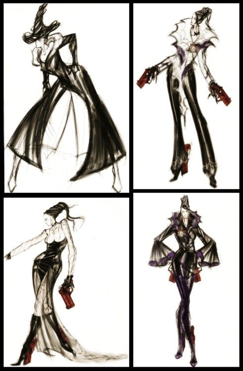 four different sketches of people dressed in costumes