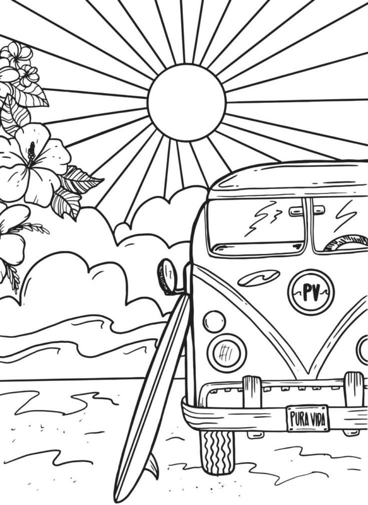 an old vw bus parked on the beach with flowers and sun in the background