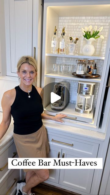 a woman standing in front of a coffee bar with the words coffee bar must haves