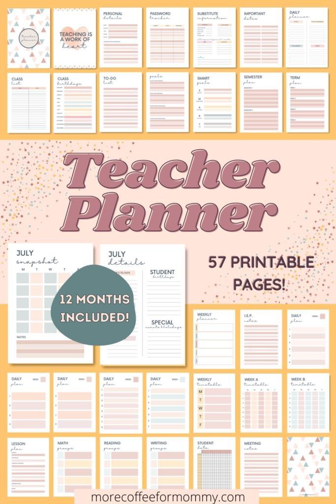 the teacher planner is shown in pink and yellow