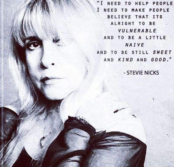 a black and white photo of a woman with her hand on her shoulder, in front of a quote from steve nicks