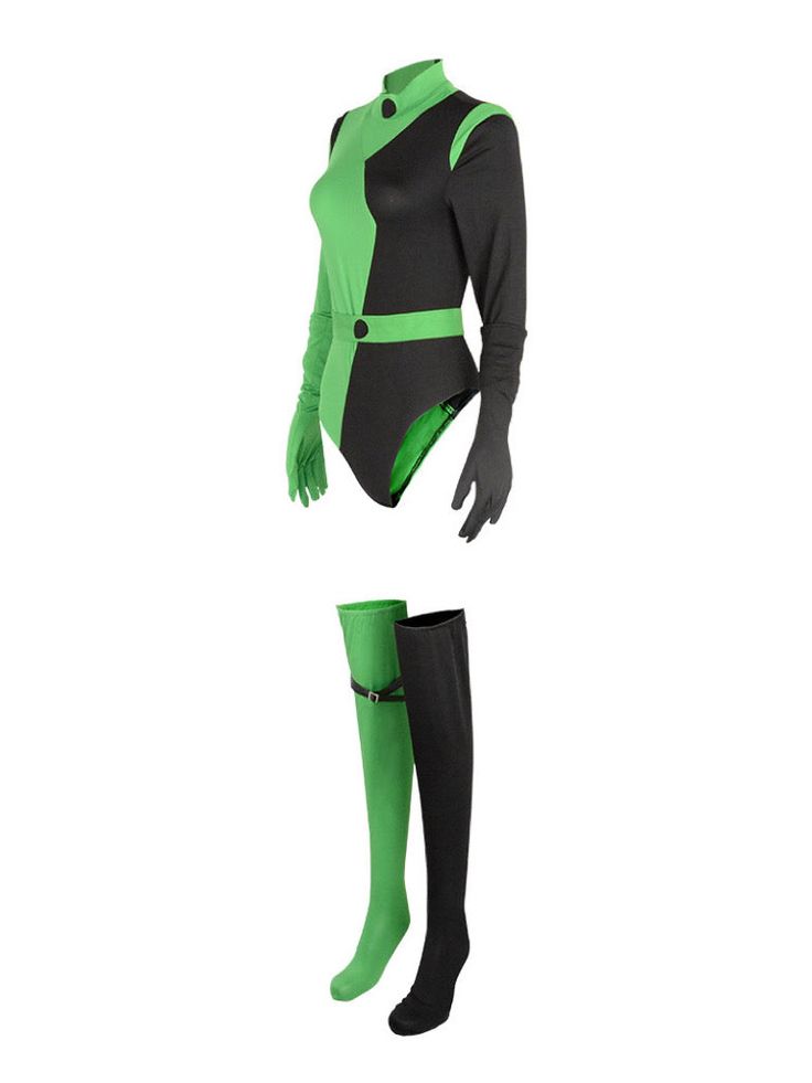 ‘Shego Kim' Green & Black Costume Set AlielNosirrah Shego And Kim Costume, Fitted Green Cosplay Costume, Green Fitted Cosplay Costume, Fitted Green Cosplay Costume For Halloween, Fitted Green Costume For Cosplay Events, Fitted Green Halloween Cosplay Costume, Fitted Green Cosplay Costume For Costume Party, Stretch Unitard For Cosplay Events, High Stretch Black Unitard For Halloween