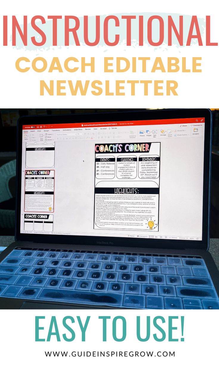 a laptop computer sitting on top of a table with the words instructional coach editable news letter