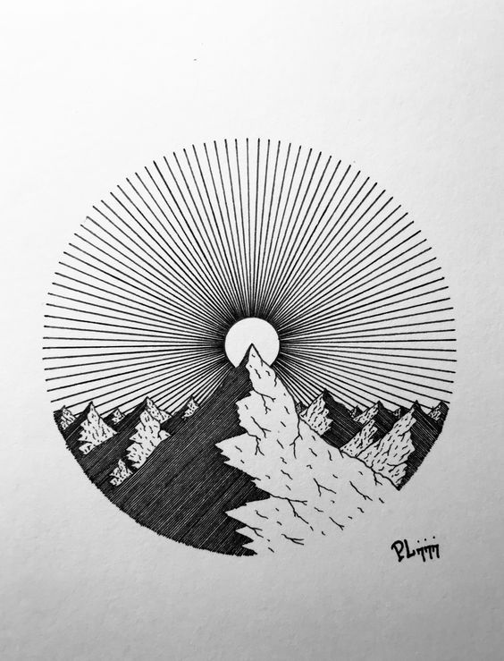 a drawing of mountains and trees with the sun rising over them in black and white