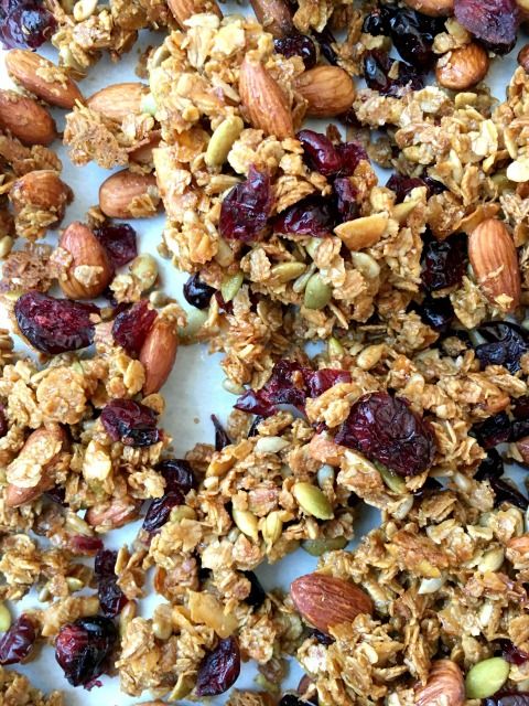 granola with nuts and dried cranberries on top