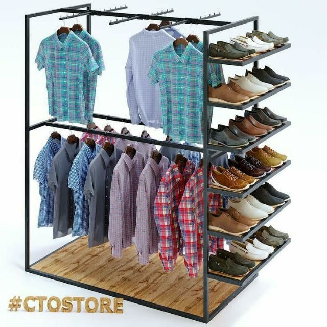 a display case filled with lots of shirts and shoes