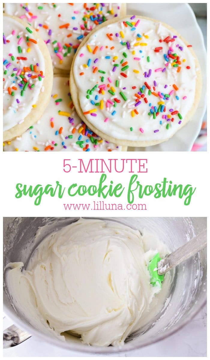 sugar cookie frosting in a bowl with sprinkles on top and the words 5 - minute sugar cookie frosting