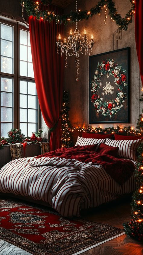 a bedroom decorated for christmas with red curtains and lights on the windowsill, bed in foreground