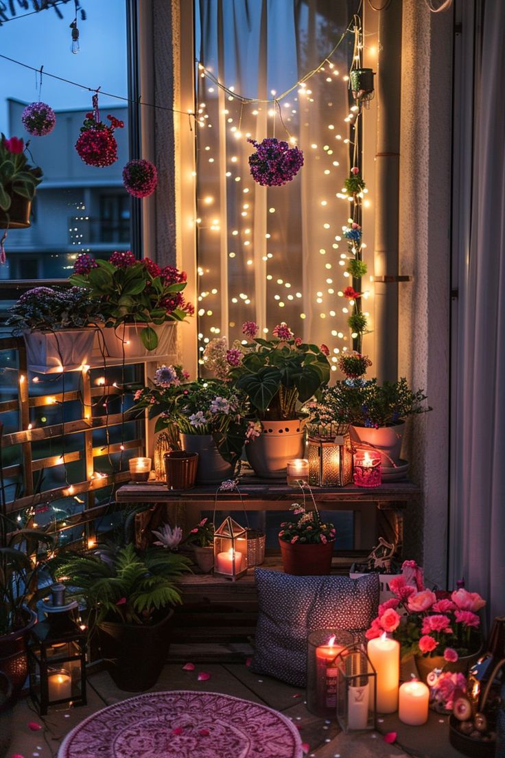 a room filled with potted plants and lite up lights on the windowsill