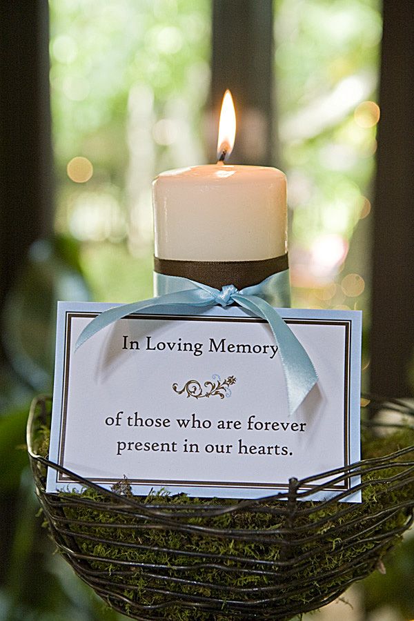 a candle is sitting on top of a basket with a card in it that says, in loving memory of those who are forever present in our hearts