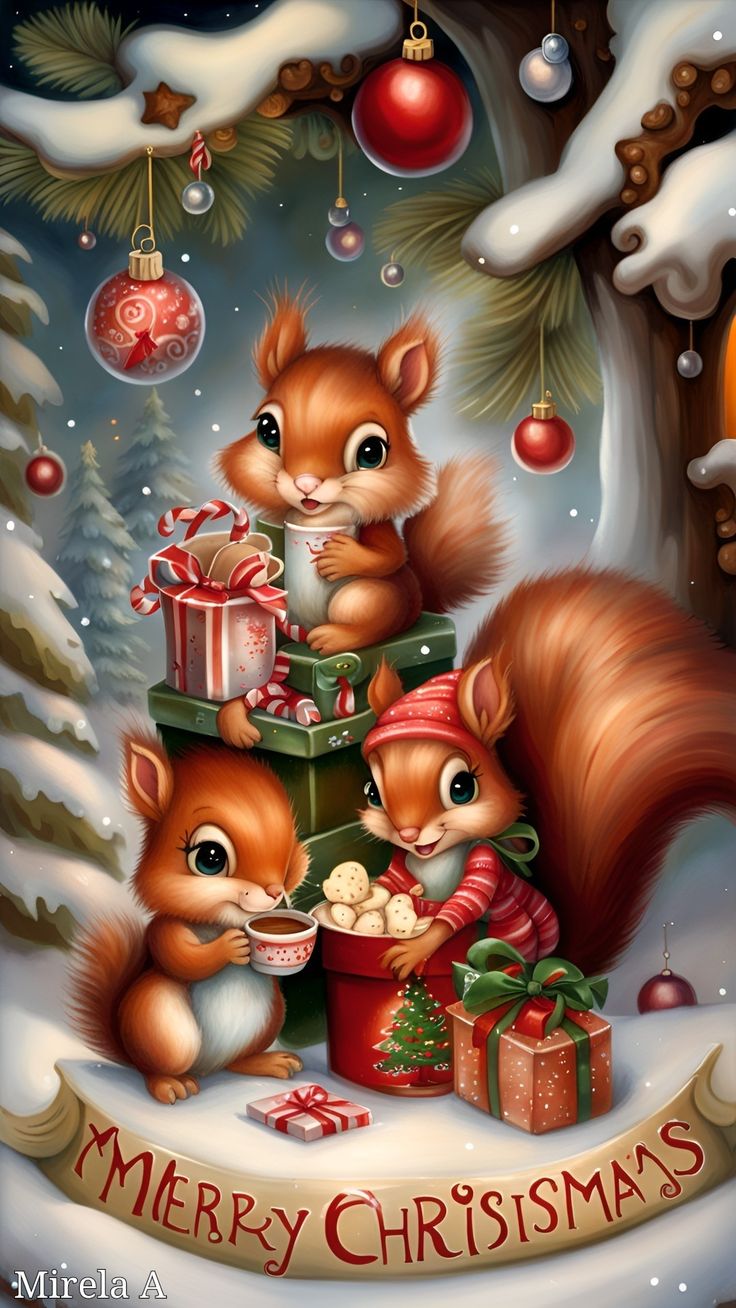 christmas card with squirrels and presents in the snow