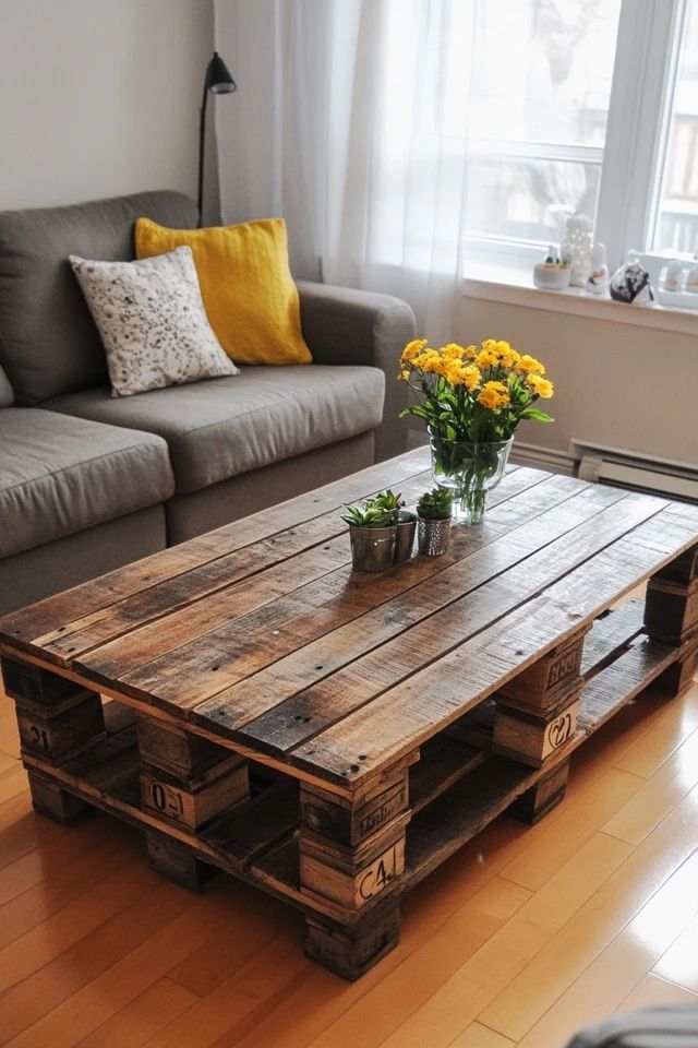 a table made out of pallets with yellow flowers in the center and two potted plants on top