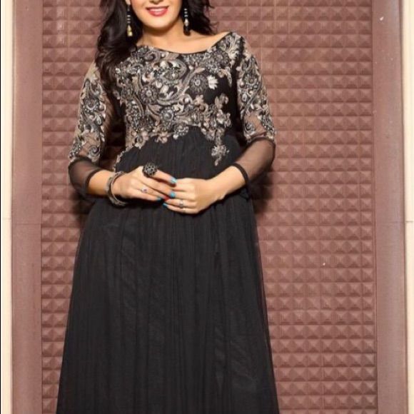 Black Embroidery Dress ,Semi Stitched Dress Anarkali Evening Dress With Sequins, Sequin Embroidered Dress For Formal Occasions, Evening Anarkali Dress With Sequins, Black Long Sleeve Gown With Sequins, Long Sleeve Black Gown With Sequins, Fitted Anarkali Embroidered Evening Dress, Black Embroidered Long Sleeve Gown, Long Sleeve Embroidered Dress With Resham Embroidery For Evening, Black Gown With Intricate Embroidery For Festive Occasions