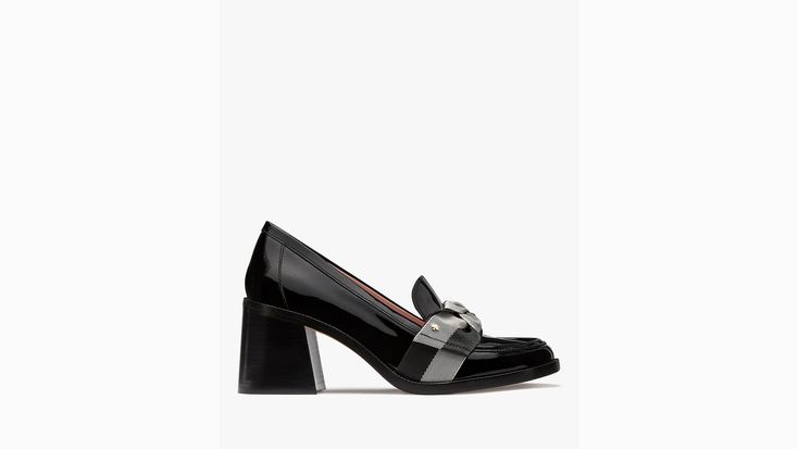 We turned our Leandra loafers into a leg-lengthening pair of pumps. Trimmed with twill bows these lustrous patent leather style will speak to your excellent taste. | Kate Spade Leandra Heeled Loafer, Black - 8.5 Chic High Heel Loafers With Metal Feet, Patent Leather Slip-on Heels For Work, Chic Evening Loafers With Block Heel, Chic Loafers With Sculpted Heel, Patent Leather Heels For Work In Fall, Fall Patent Leather Heels For Work, Formal Slip-on Loafers With Contrasting Heel, Formal Patent Leather Loafers With Sculpted Heel, Chic Office Loafers With Padded Heel