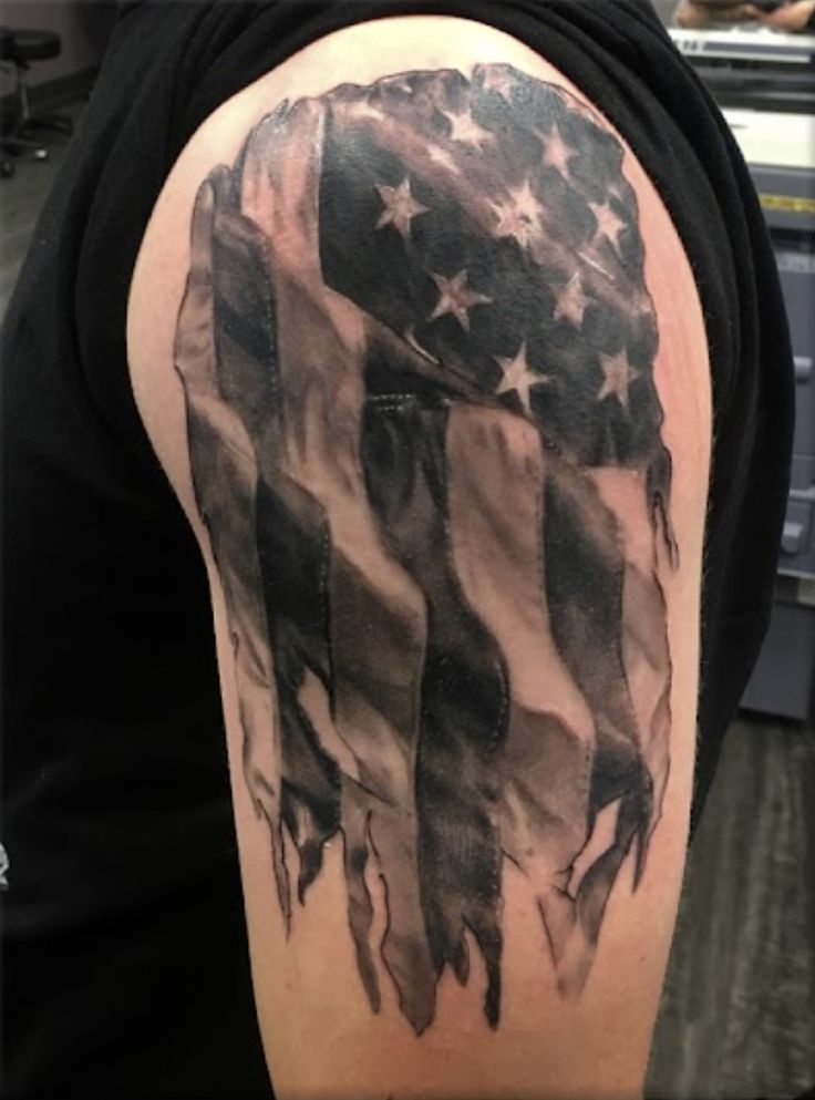 American flag American Flag Neck Tattoo, American Flag Tattoo Design, Flag Tattoos For Men, Black And Grey American Flag Tattoo, Black And Gray Flag Tattoo, American Flag Tattoos For Guys Shoulder, Tattered Flag Tattoos For Men, Tattered Flag Tattoo, Ripped American Flag Tattoo