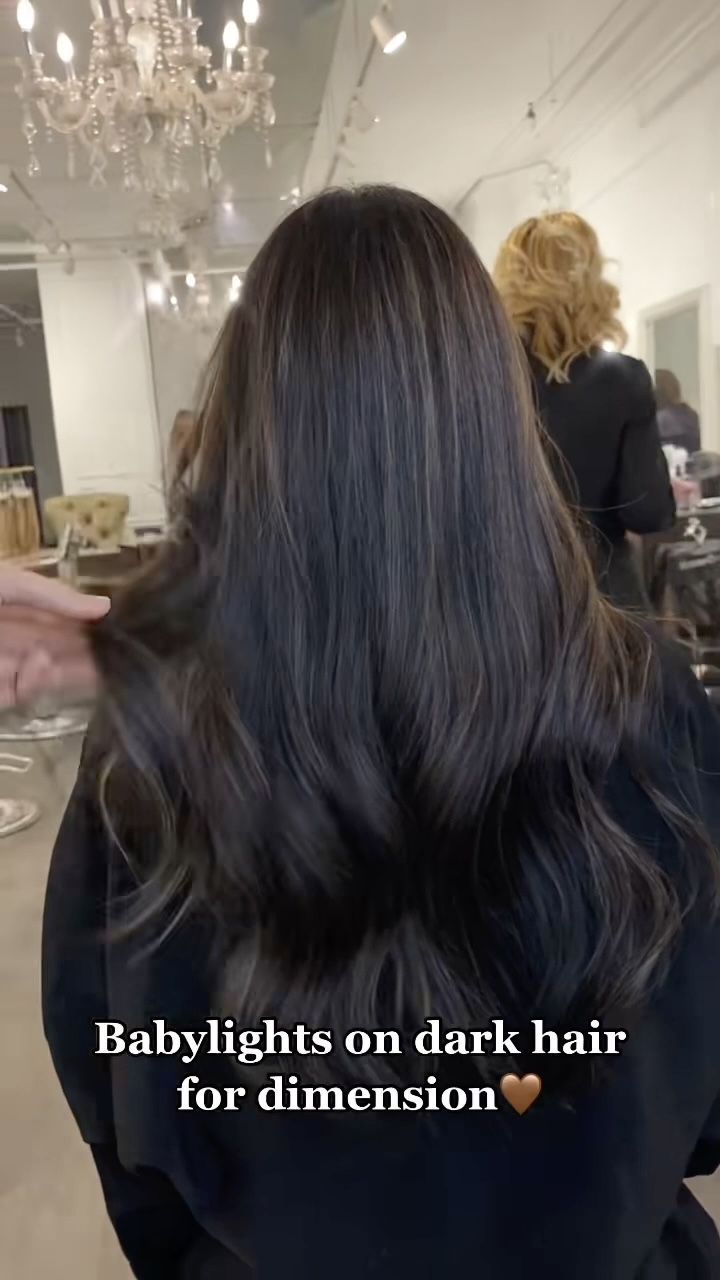 Chocolate Brown Hair On Black Hair, Deep Brown Hair With Lowlights, Subtle Low Lights For Dark Hair, Black Hair With Brown Babylights, Black Hair Change Ideas, Subtle Balayage Dark Hair, Black Hair With Mocha Highlights, Subtle Black Hair Balayage, Dark Brown Babylights On Black Hair