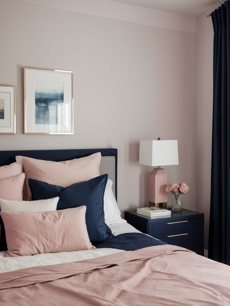 a bedroom with pink and blue bedding in the corner, two framed pictures on the wall