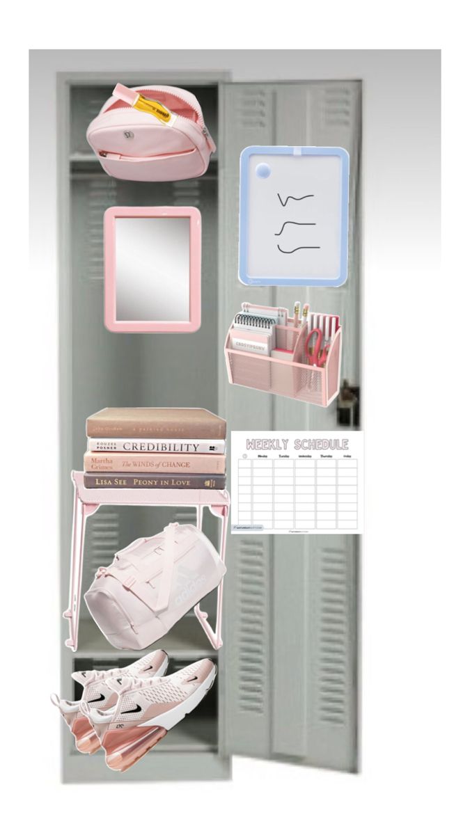 an open locker with shoes and other items on the shelf next to it, along with a calendar