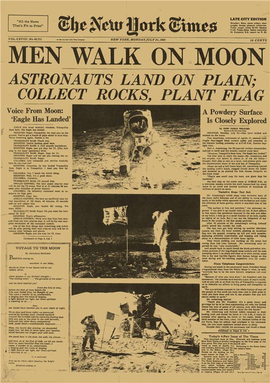 the new york times newspaper announcing men walk on moon astronauts land on plain, collect rocks plant flag