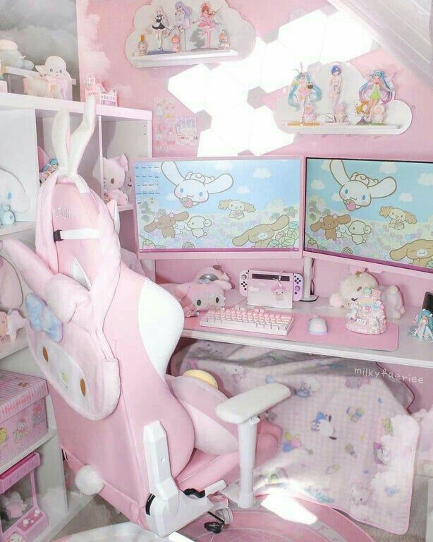 a child's room with pink furniture and accessories