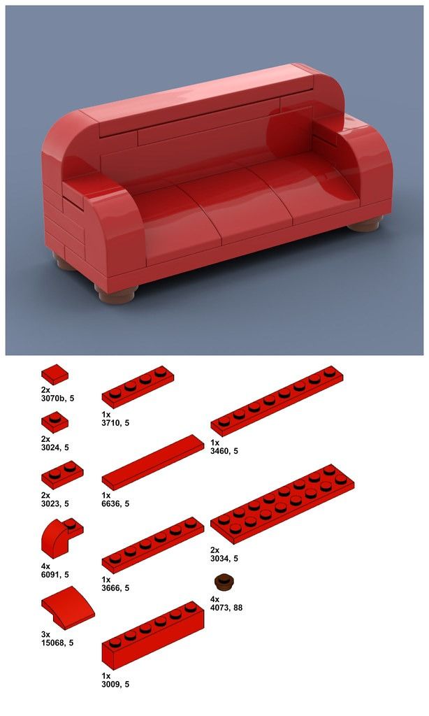 Free directions for a simple couch. Built in stud.io. Lego Creations Instructions, Lego Diy Crafts, Simple Couch, Easy Lego Creations, Lego House Ideas, Lego Furniture, Red Couch, Construction Lego, Free Lego