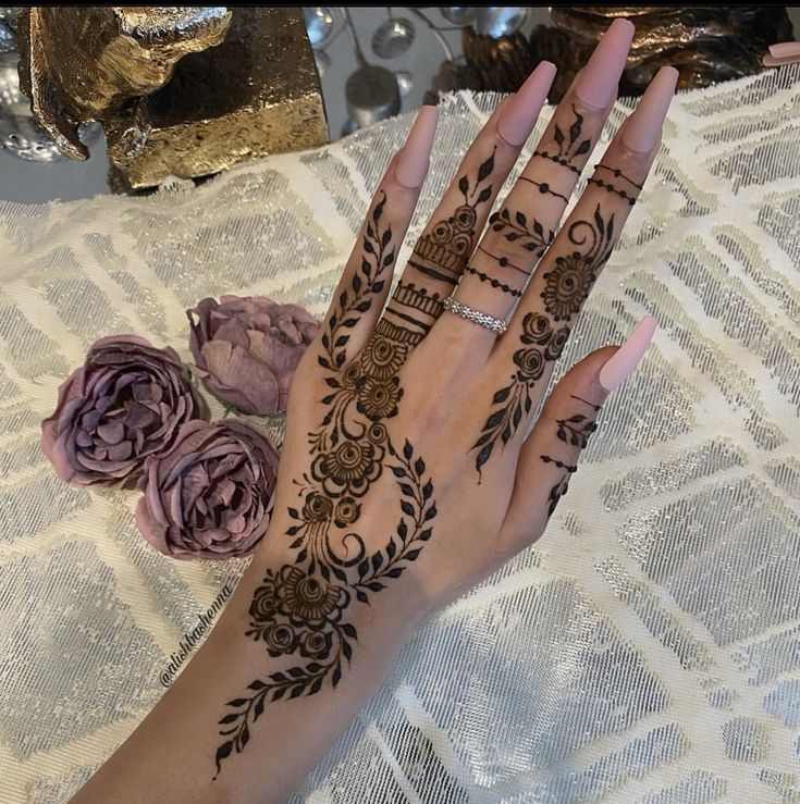 a woman's hand with henna tattoos on it and flowers in the background