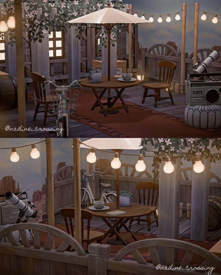 there are two pictures of an outdoor dining area with lights on the tables and chairs