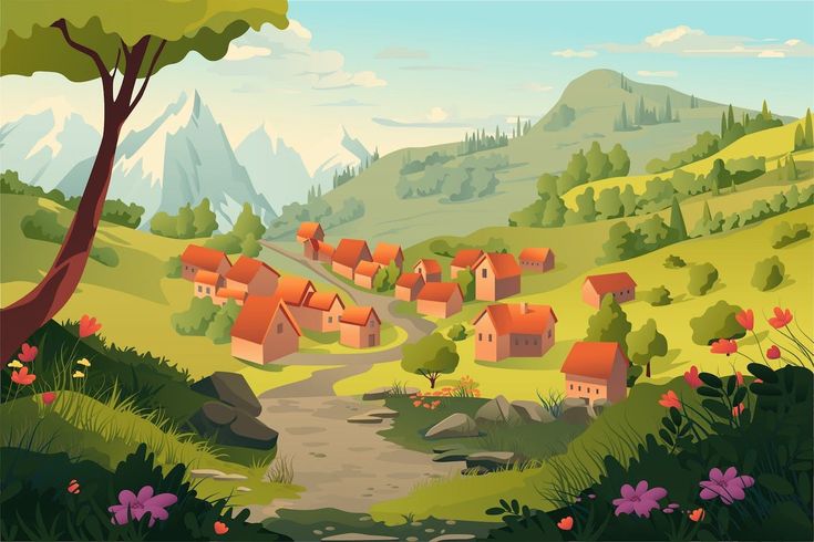 Background Village on the Hills Villages Drawing, Cartoon Village Background, Animation Background Design, Community Clipart, Hills Background, Hills Illustration, French Homework, Cartoon Village, Village Illustration